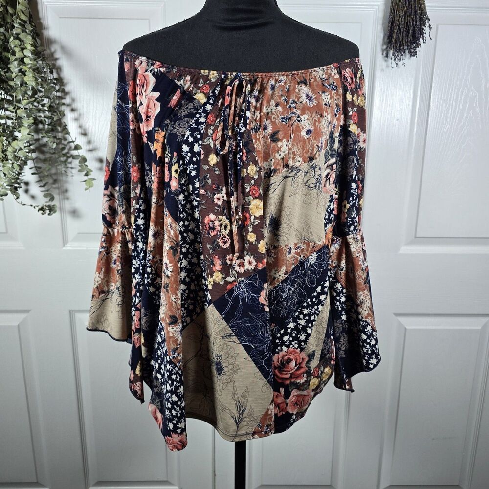 Naif Top Womens 1X Multicolor Floral Patchwork Kimono Sleeve Tunic Blouse Boho